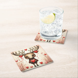 Moose Love 3 Square Paper Coaster
