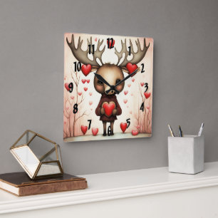 Moose Love 3 Square Wall Clock