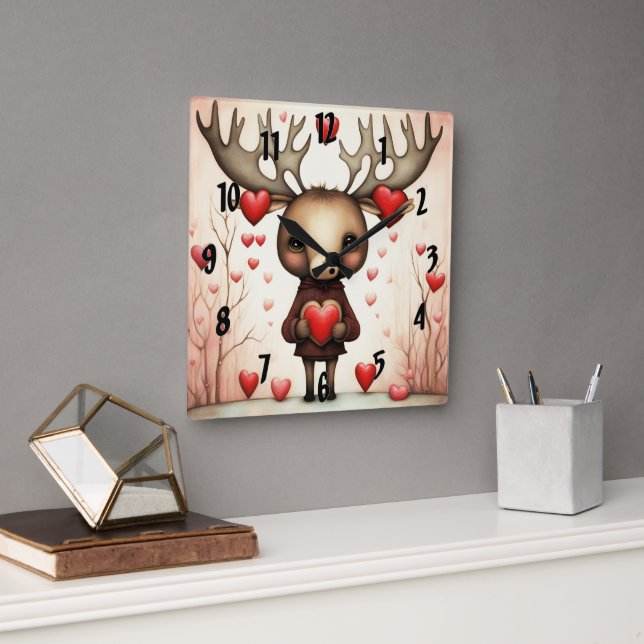 Moose Love 3 Square Wall Clock (Office)