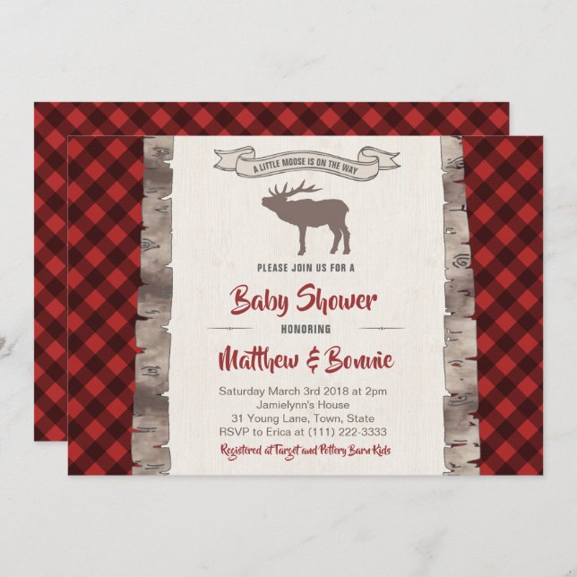 Moose or Elk Wilderness Plaid Baby Shower Invitation (Front/Back)