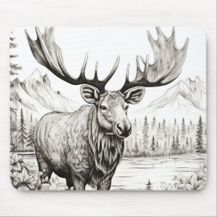 Moose Peaceful Nature Prairie Sketch Drawing Style Mouse Pad