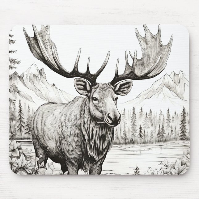 Moose Peaceful Nature Prairie Sketch Drawing Style Mouse Pad (Front)