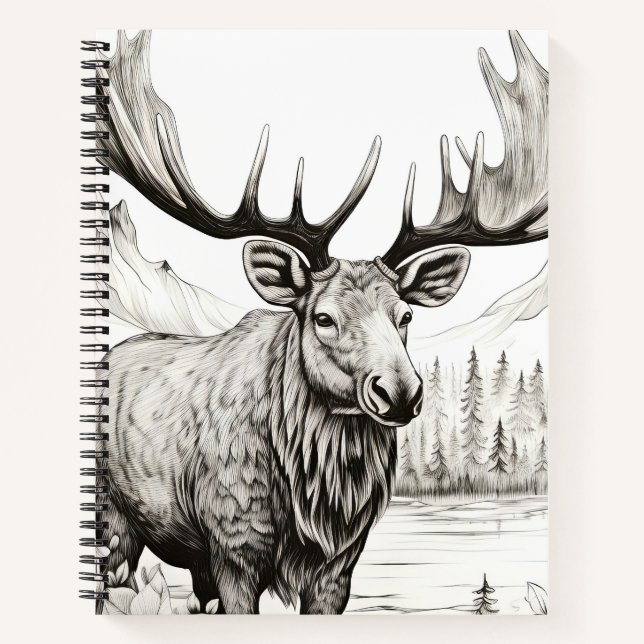Moose Peaceful Nature Prairie Sketch Drawing Style Notebook (Front)