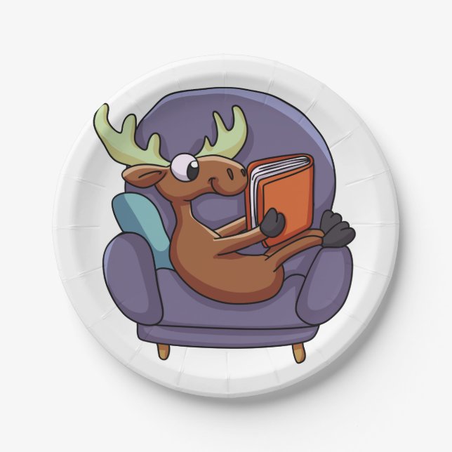 Moose reading a book on a sofa | choose back colou paper plate (Front)