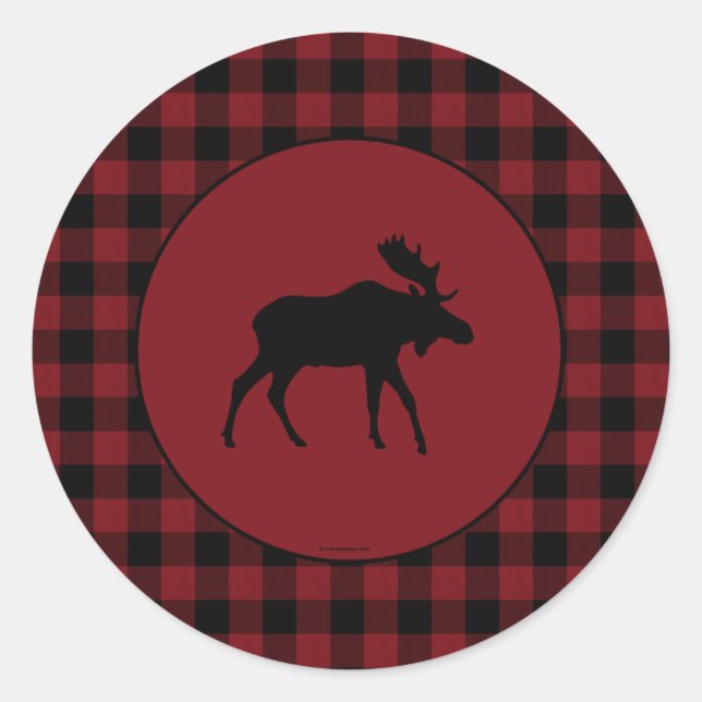 Moose Red Black Check Border Classic Round Sticker (Front)