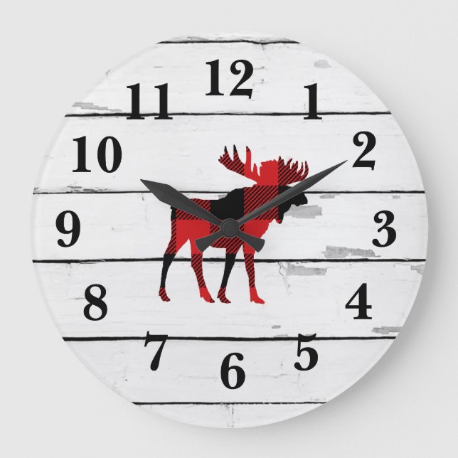 Moose Red Check Shiplap Rustic Decor Large Clock (Front)