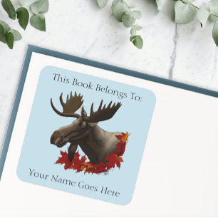 Moose Red Maple Leaves Bookplate Square Sticker