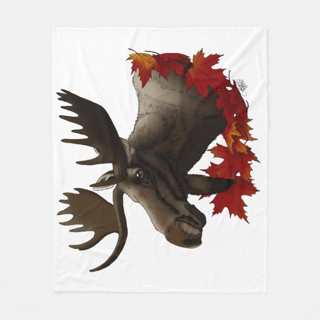Moose Red Maple Leaves Fleece Blanket (Front)