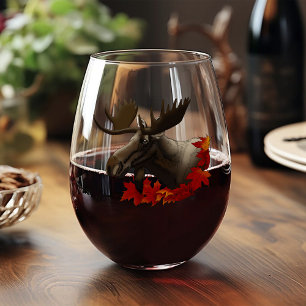 Moose Red Maple Leaves Stemless Wine Glass