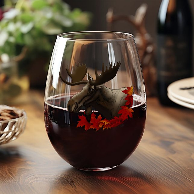 Moose Red Maple Leaves  Stemless Wine Glass (Creator Uploaded)