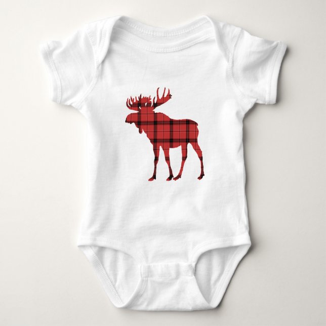 Moose Red Plaid Tartan Pattern Christmas Holiday Baby Bodysuit (Front)