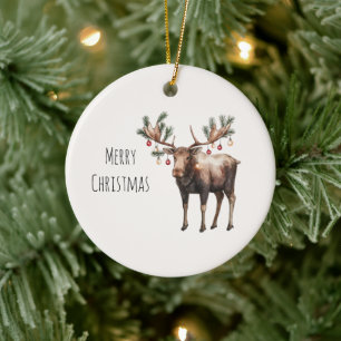 Moose Santa Hat Christmas Ceramic Tree Decoration
