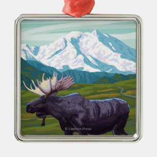 Moose Scene - Yukon, Alaska Metal Tree Decoration
