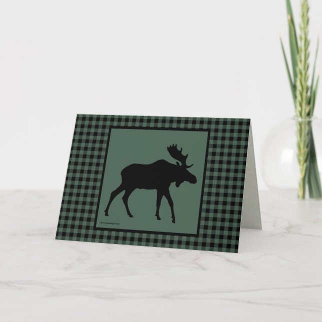 Moose Silhouette Green and Black Check Card (Front)