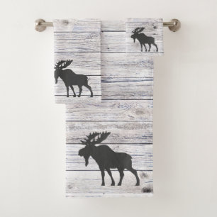 Moose Silhouette Grey Wood Pattern Bath Bath Towel Set