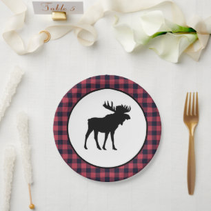 Moose Silhouette Plaid Wilderness Mountain Paper Plate