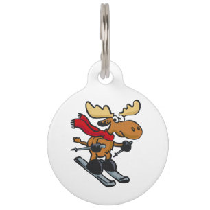 Moose skier cartoon   choose background color pet tag
