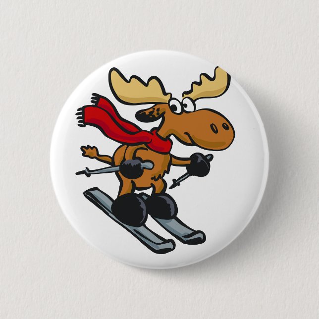 Moose skier cartoon | choose background colour 6 cm round badge (Front)