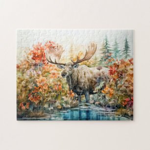 Moose standing in pond among plants jigsaw puzzle