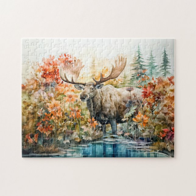 Moose standing in pond among plants jigsaw puzzle (Horizontal)