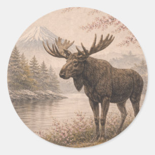 Moose Sticker, Japanese Landscape Wildlife Art, Classic Round Sticker