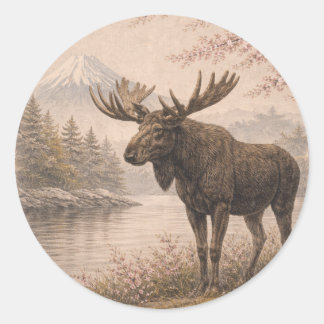 Moose Sticker, Japanese Landscape Wildlife Art, Classic Round Sticker