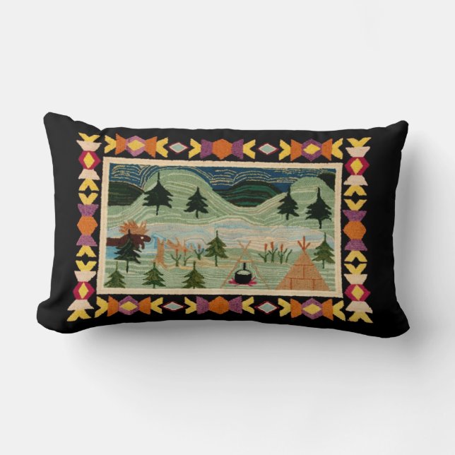 Moose, Teepee, Camp Fire, Mountains, Pine Trees Lumbar Cushion (Front)