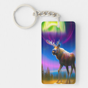 Moose Under Colourful Aurora Borealis Sky Key Ring