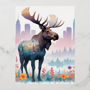 Moose Vintage Animal Nature Forest Flowers Art Foil Holiday Postcard