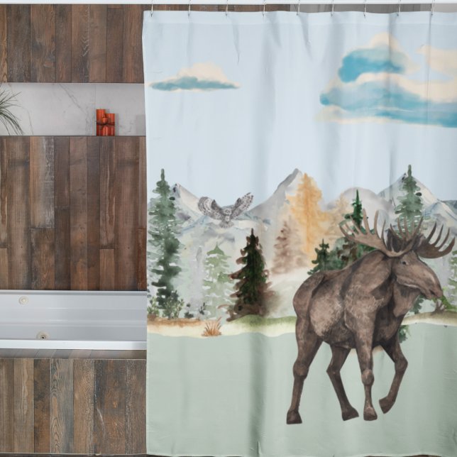 Moose Watercolor Woodland Animal Forest Cabin Shower Curtain (Creator Uploaded)