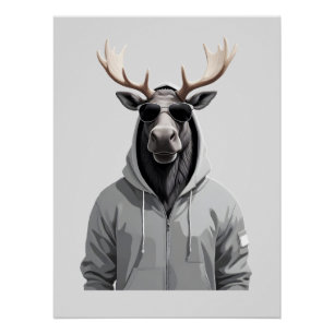 Moose Wearing Hoodie Funny Cool Animal Character Poster