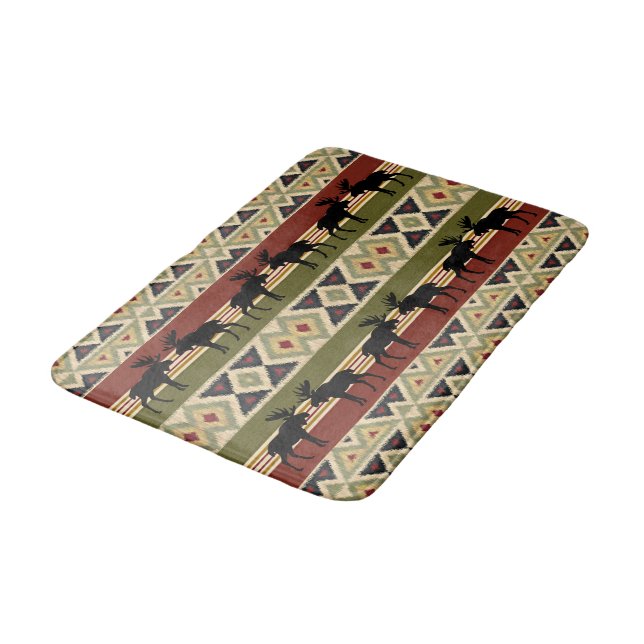 Moose Wildlife Animal Red Green Ochre Ikat Stripes Bath Mat (Angled)