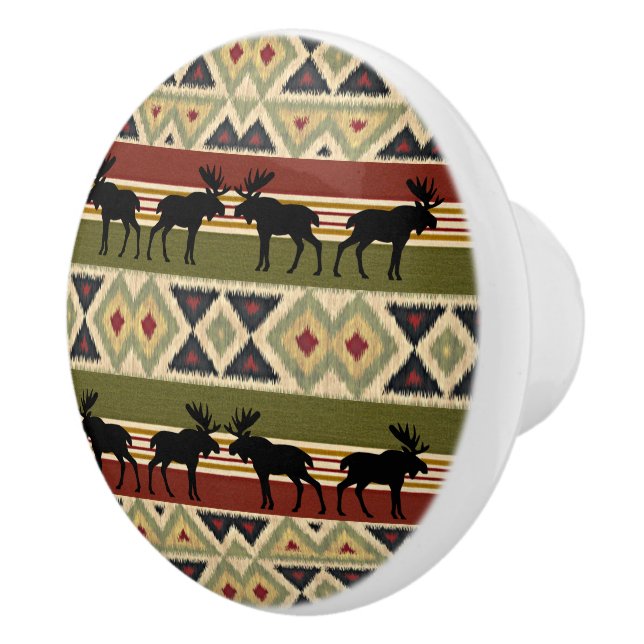 Moose Wildlife Animal Red Green Ochre Ikat Stripes Ceramic Knob (Right)