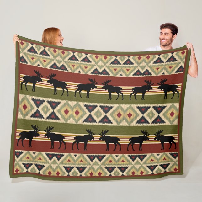 Moose Wildlife Animal Red Green Ochre Ikat Stripes Fleece Blanket (In Situ)