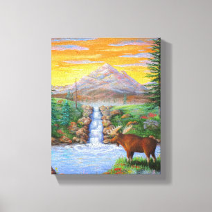 Moose Wildlife Mountain Waterfall Painting Canvas Print