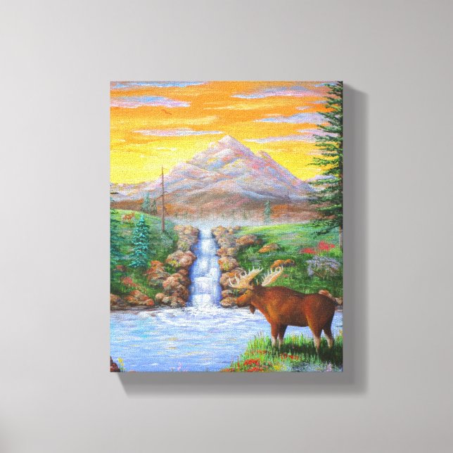 Moose Wildlife Mountain Waterfall Painting Canvas Print (Front)