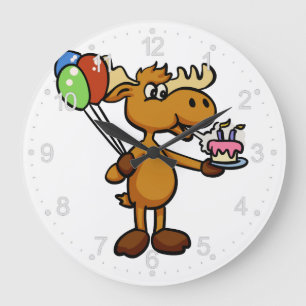Moose with balloon and cake   choose back color large clock