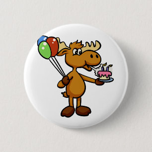 Moose with balloon and cake choose back colour 6 cm round badge