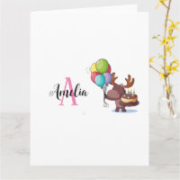 Moose with balloon and cake Pink Monogram Name