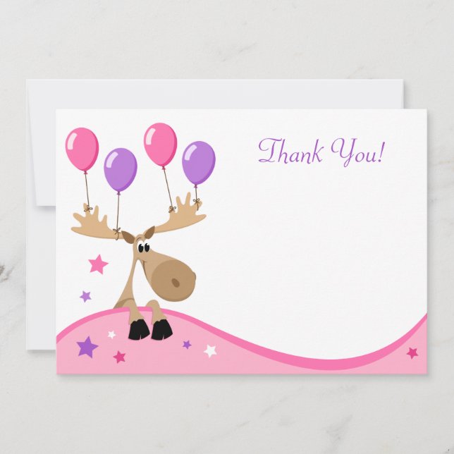 Moose with balloons fun girly flat thank you card (Front)