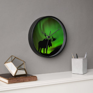 Moose with Green Aurora Borealis, Alaska Clock