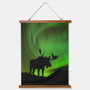 Moose with Green Aurora Borealis, Alaska Hanging Tapestry