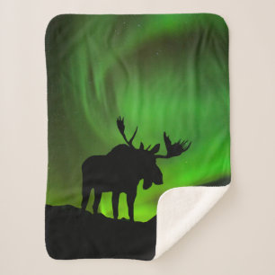 Moose with Green Aurora Borealis, Alaska Sherpa Blanket