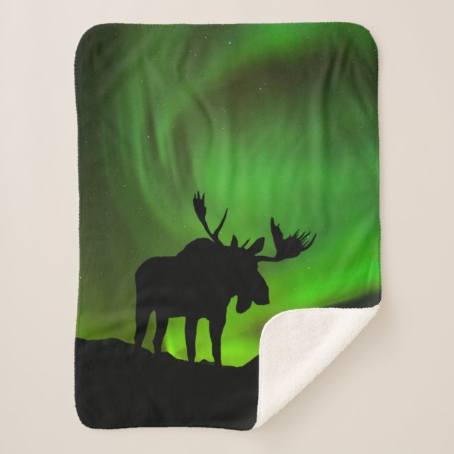 Moose with Green Aurora Borealis, Alaska Sherpa Blanket (Front)