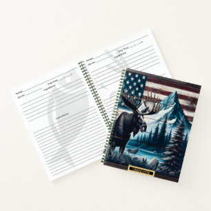 Moose with mountains and flag backdrop notebook