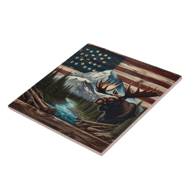 Moose With Mountains and Flag Background Tile (Side)