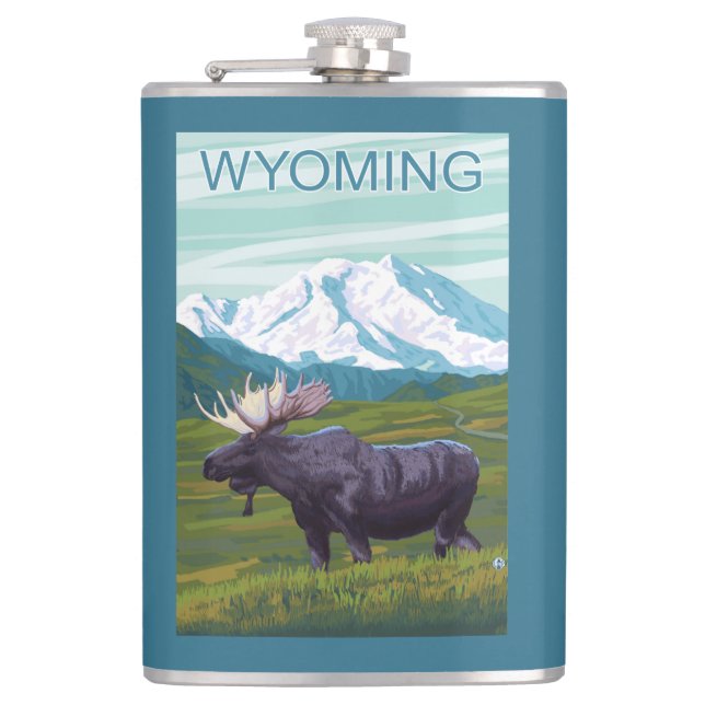 Moose with MountainWyoming Hip Flask (Front)