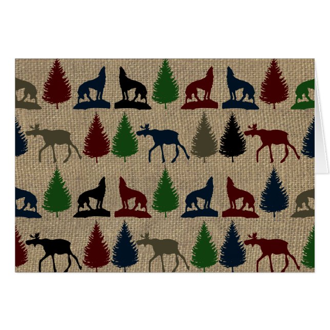 Moose Wolf Pine Tree Rustic Burlap Print Outdoors (Front Horizontal)