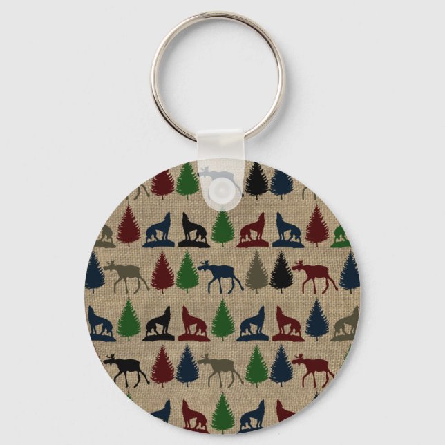 Moose Wolf Pine Tree Rustic Burlap Print Outdoors Key Ring (Front)