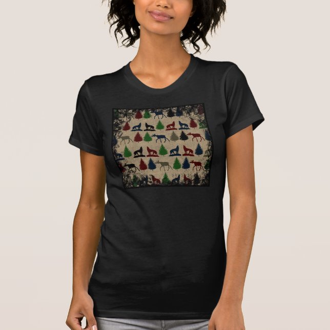 Moose Wolf Pine Tree Rustic Burlap Print T-Shirt (Front)